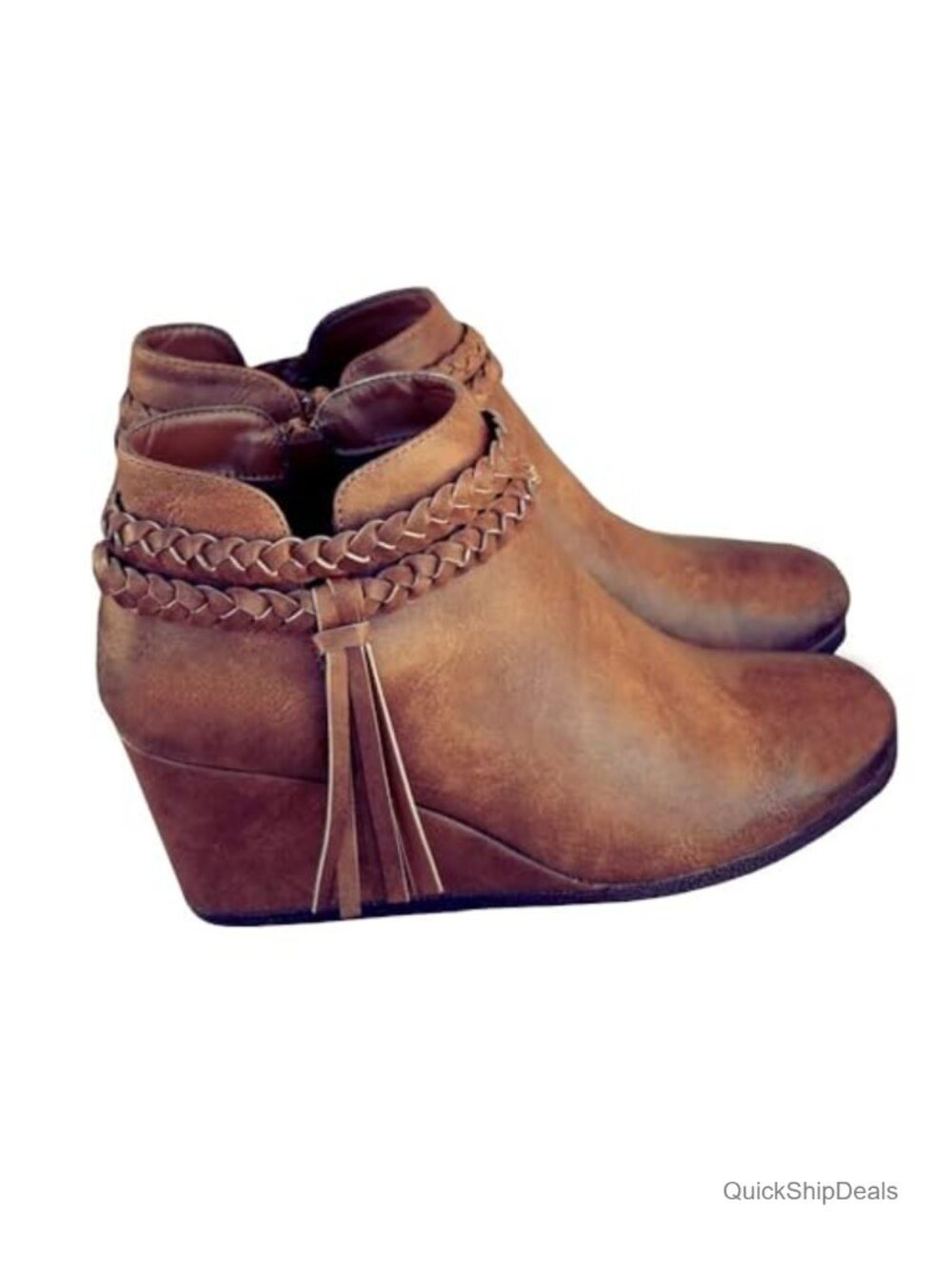 Womens Wedge Ankle Boots Braided Fringe Strap Western Heeled Fall Booties
